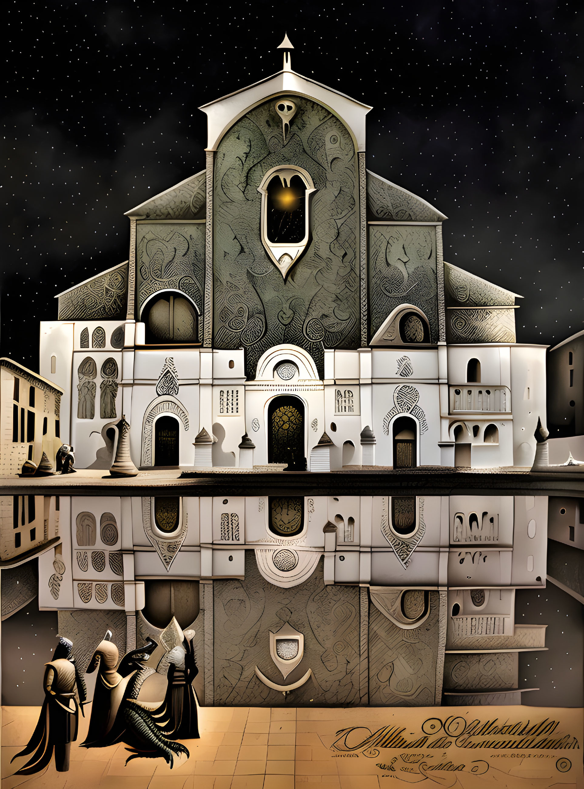 Symmetrical Arabic-influenced building mirrored under starry sky with black-robed figures