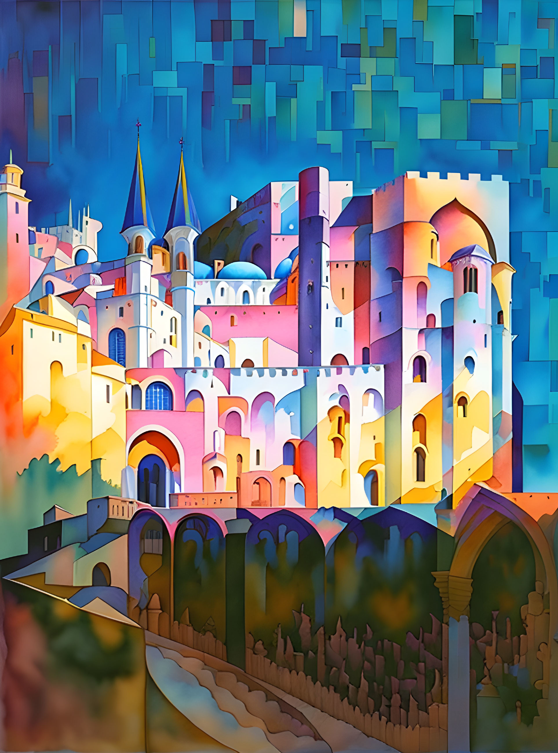 Colorful painting of castle with arches and towers against mosaic sky.