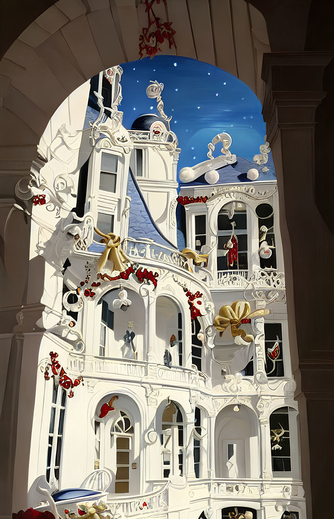 Ornate building cross-section with whimsical characters and festive decorations