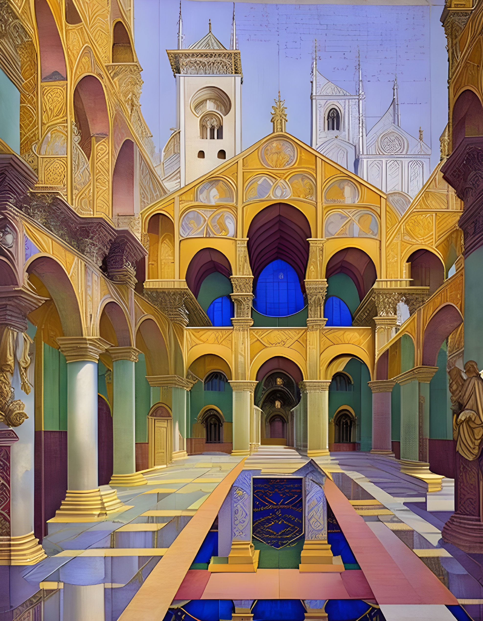 Vibrant Cathedral Interior with Arches and Checkerboard Floor