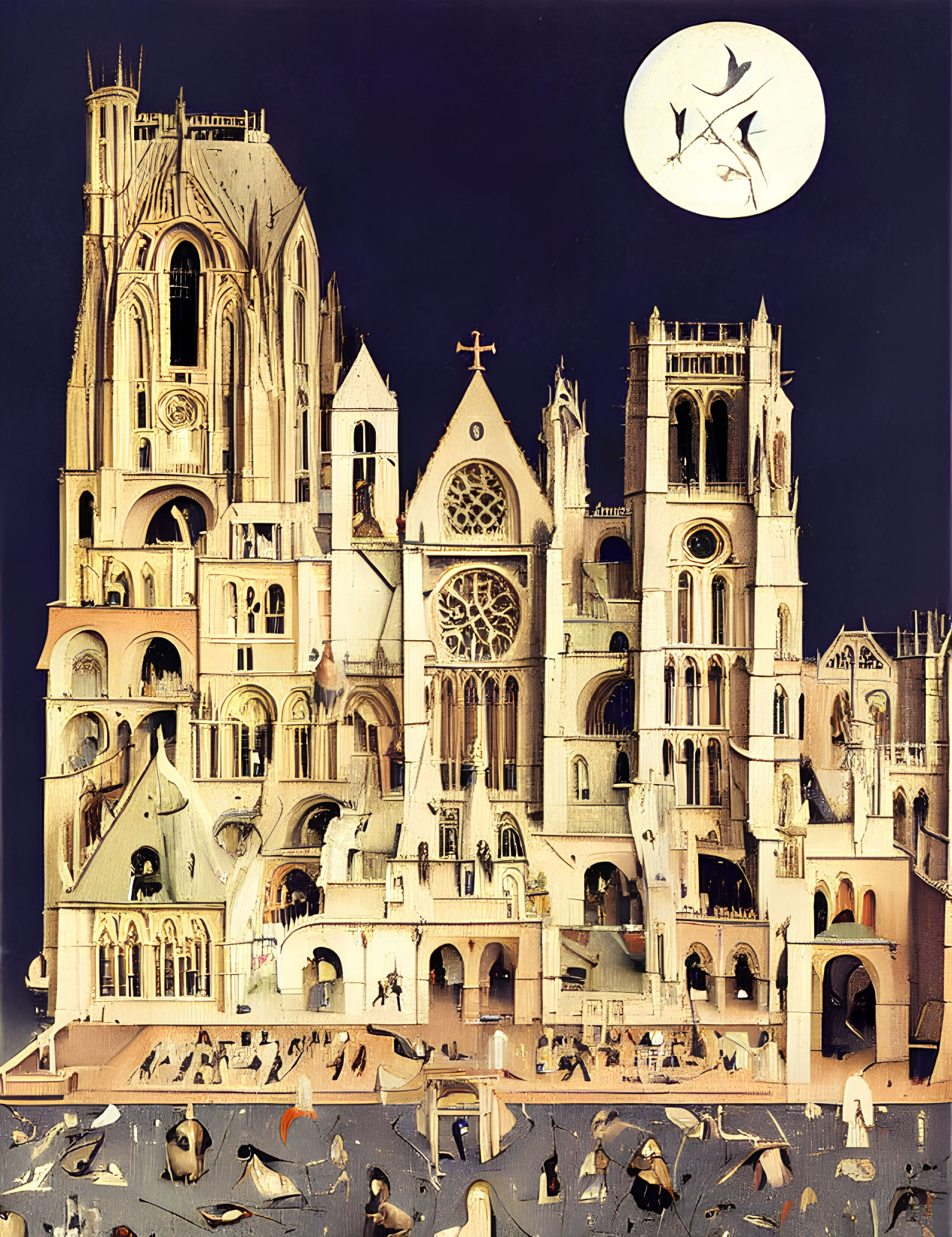 Detailed Gothic cathedral night scene with full moon and bird silhouettes