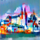 Vibrant European village painting with colorful buildings and churches.