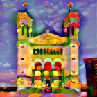 Fantasy castle painting with floral motifs on purple sky