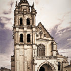 Neoclassical building illustration with ornate towers and people in period attire