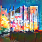 Colorful painting of castle with arches and towers against mosaic sky.