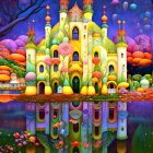 Fantastical castle illustration with vibrant colors and intricate details