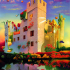 Colorful Surreal Landscape with Tower, Buildings, and Oversized Foliage Reflected in Water