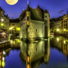 Vibrant riverside village painting with illuminated buildings, boat, moon, and stars.