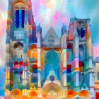 Fantastical castle illustration with colorful architecture and floating bubbles