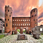 Vibrant collage of people walking towards ancient Roman structure