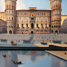 Renaissance-style building with twin towers by calm river and boats