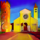 Colorful Illustration of Cathedral Square with Whimsical Sky