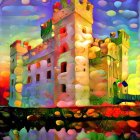 Fantastical castle painting with flora, fauna, and day-to-night sky