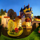 Fairytale castle illustration with spires, red roofs, greenery, and sunset light