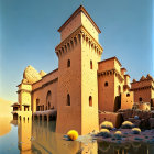 Middle Eastern palace at sunset with ornate architecture and lush surroundings