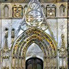 Steampunk cathedral interior with mechanical details and central figure