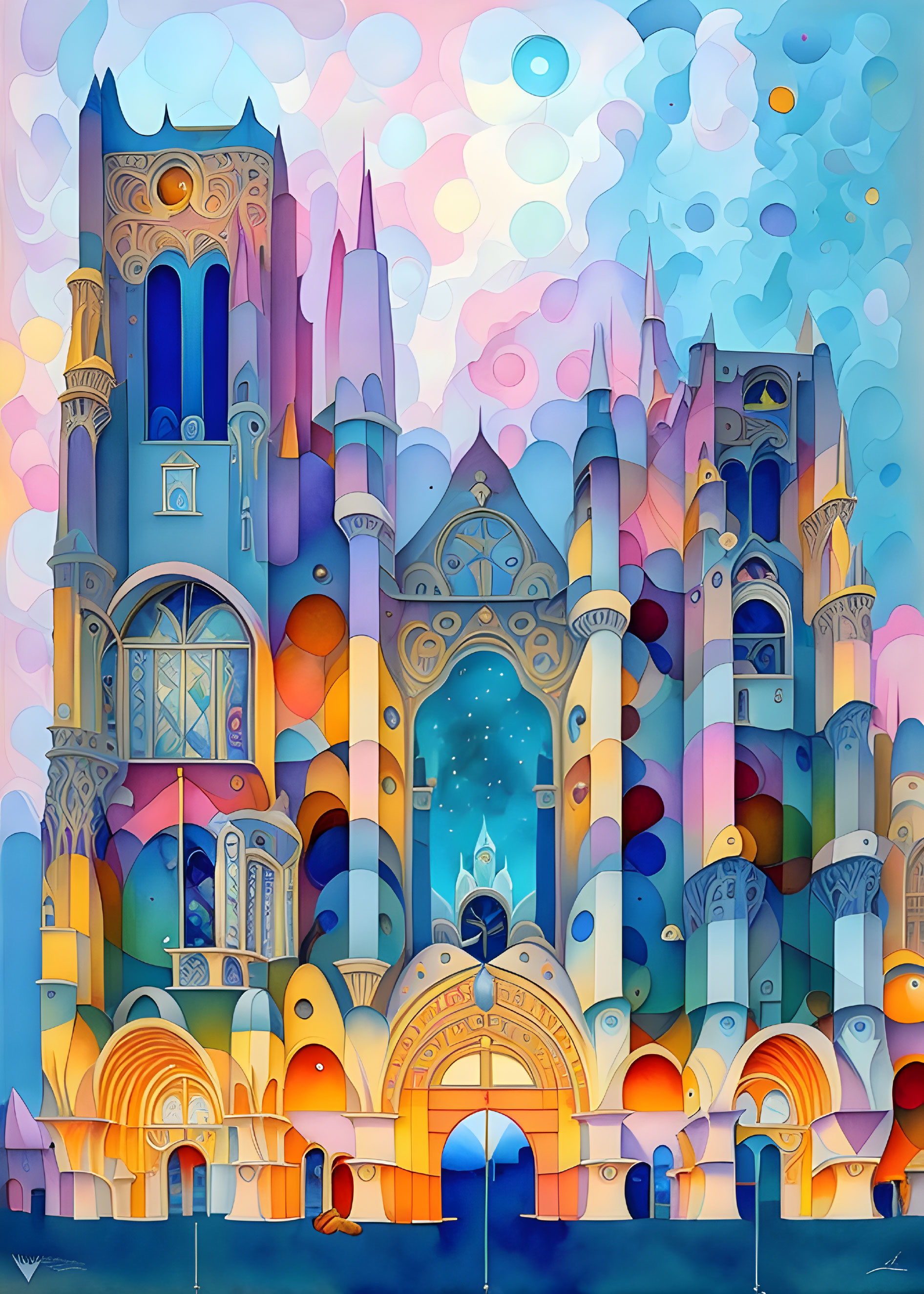 Fantastical castle illustration with colorful architecture and floating bubbles