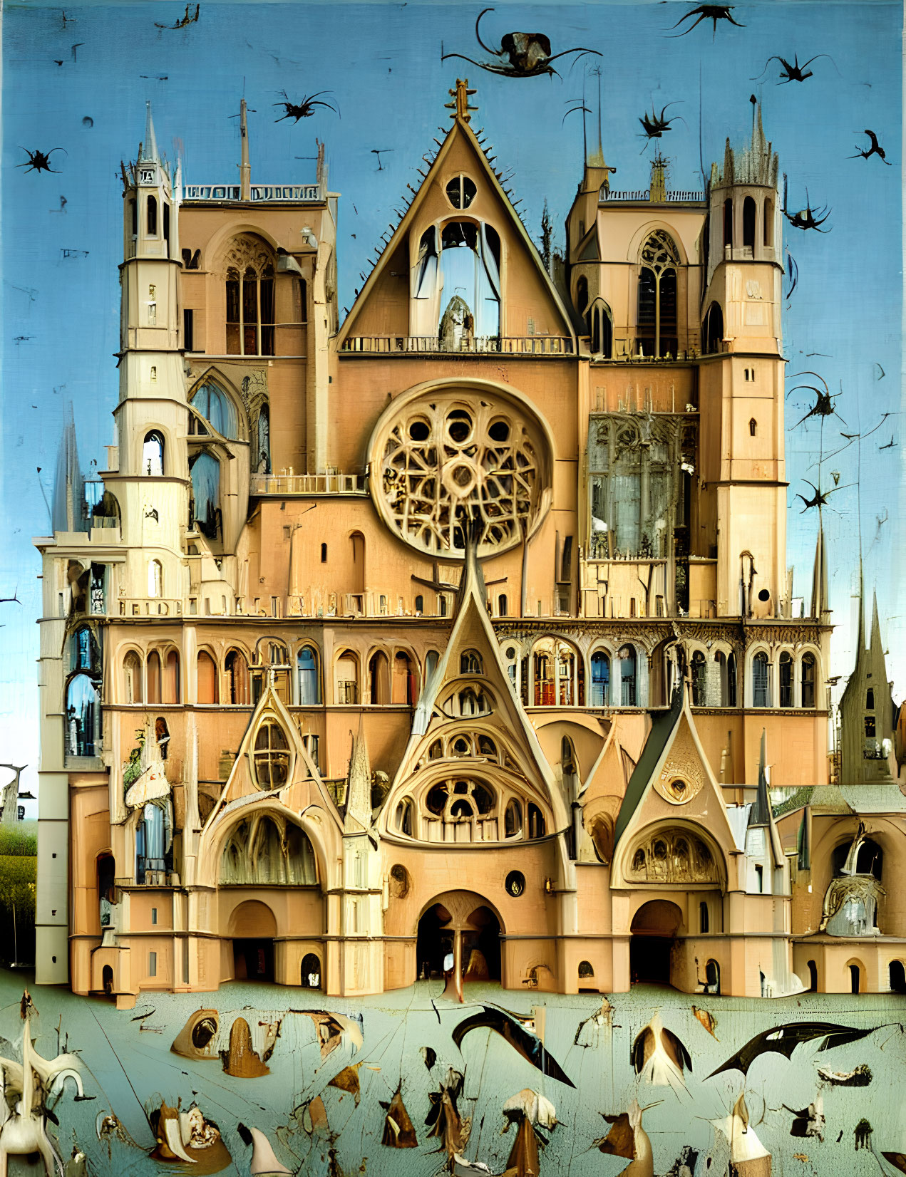 Surrealist Painting: Fantastical Gothic Cathedral with Flying Fish-like Creatures