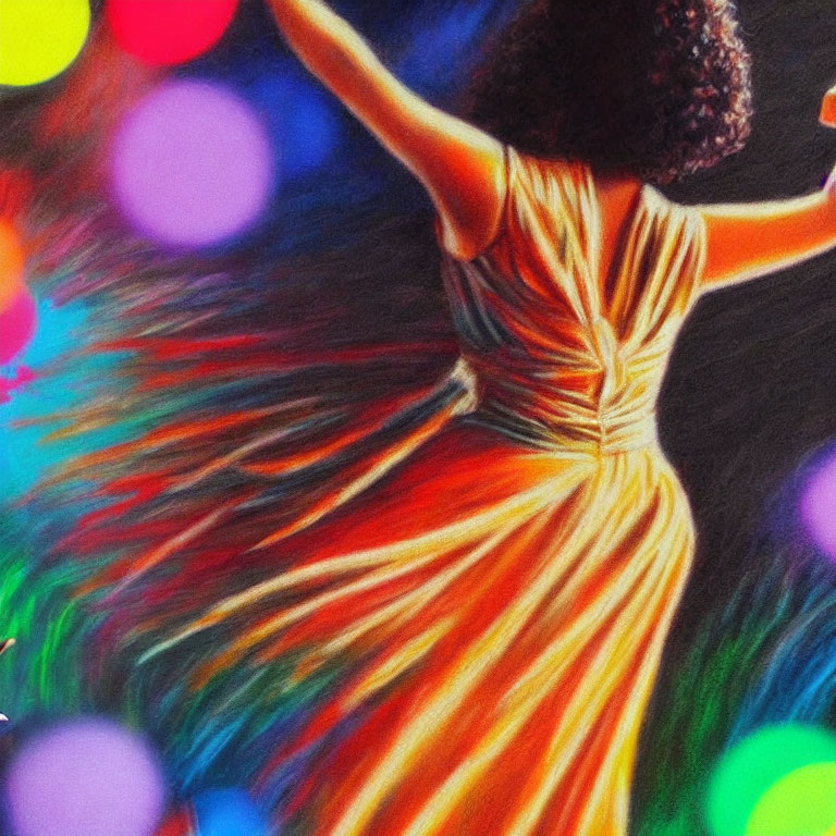 Colorful artwork: Woman dancing in flowing orange dress with festive bokeh lights.