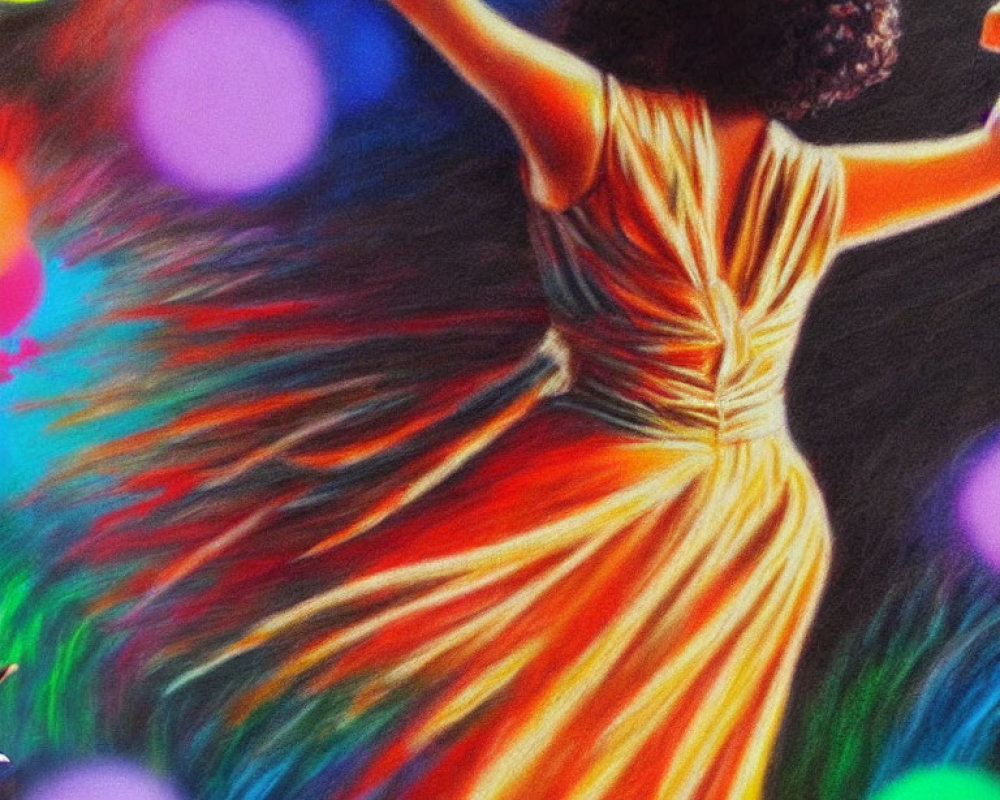 Colorful artwork: Woman dancing in flowing orange dress with festive bokeh lights.