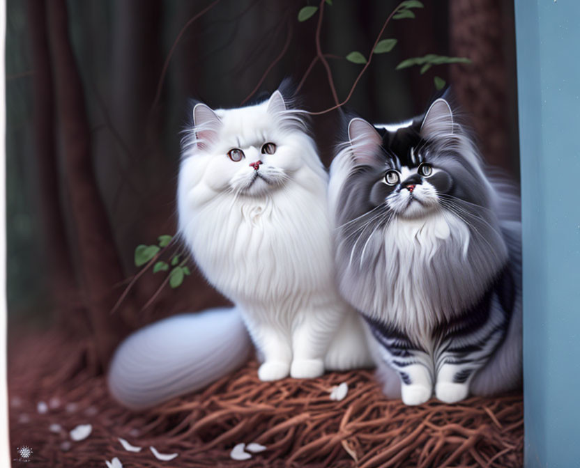 Majestic fluffy cats with striking eyes in forest-like setting