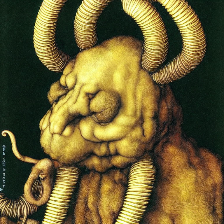 Surrealistic painting of creature with ram-like horns and elephantine trunk