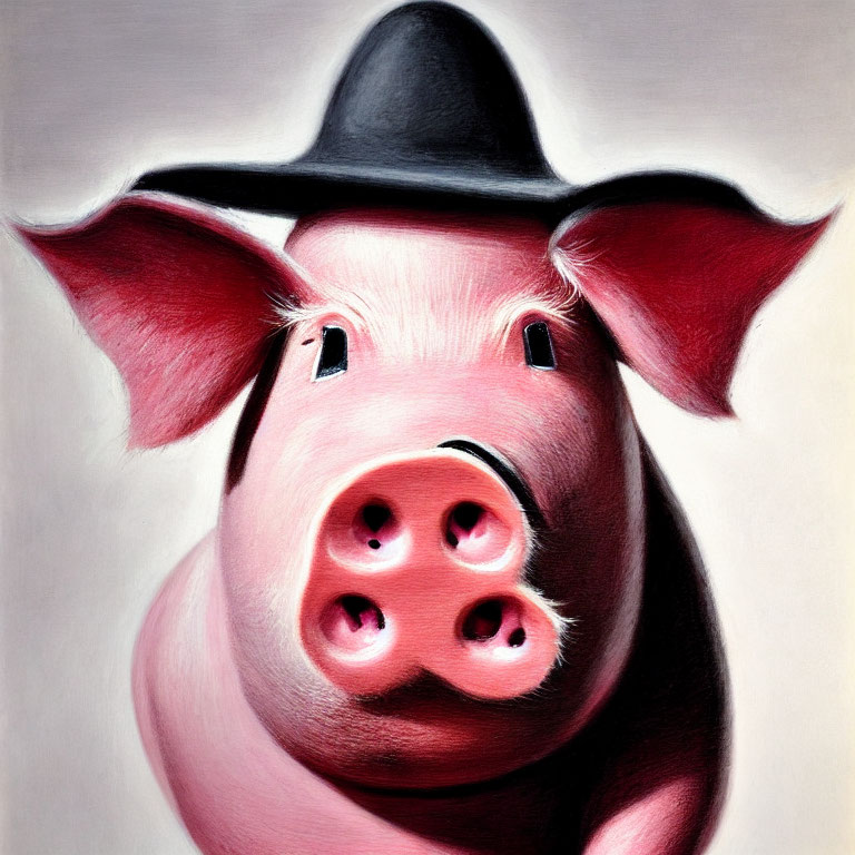 Whimsical pink pig in black cowboy hat with curious expression