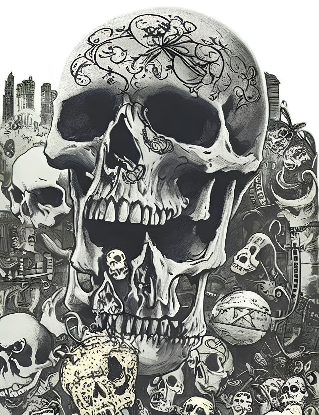 Detailed Monochromatic Skull Illustration with Mechanical Elements