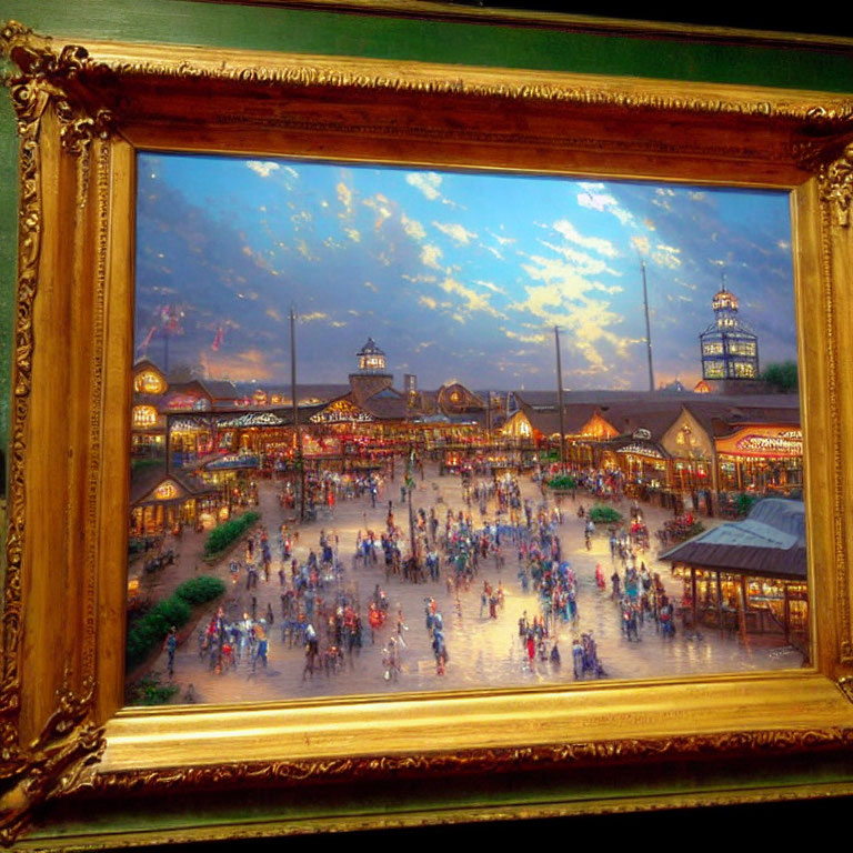 Colorful painting of bustling marketplace at dusk in ornate frame