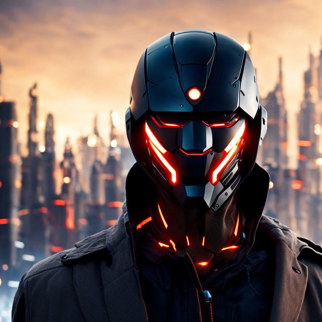 Futuristic helmeted person in red accents against cityscape at dusk