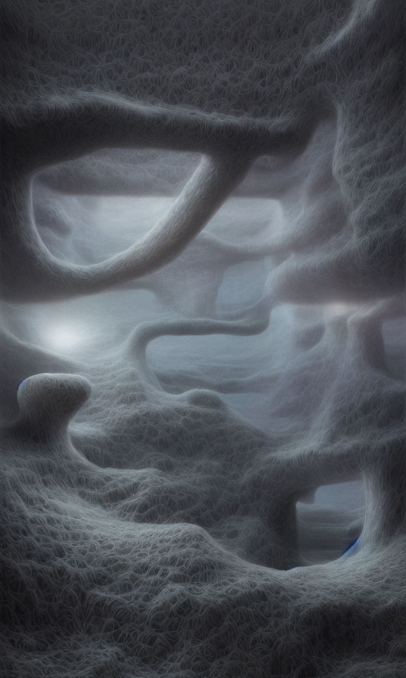 Ethereal digital artwork of textured web-like structures and organic cave shapes