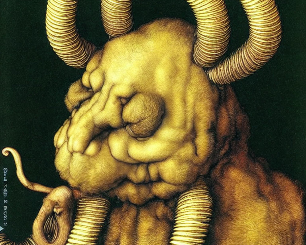 Surrealistic painting of creature with ram-like horns and elephantine trunk