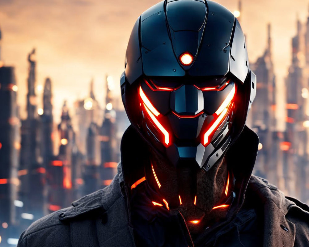 Futuristic helmeted person in red accents against cityscape at dusk