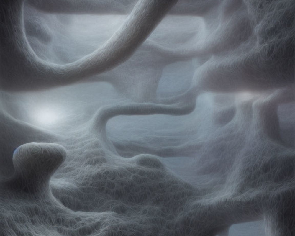 Ethereal digital artwork of textured web-like structures and organic cave shapes