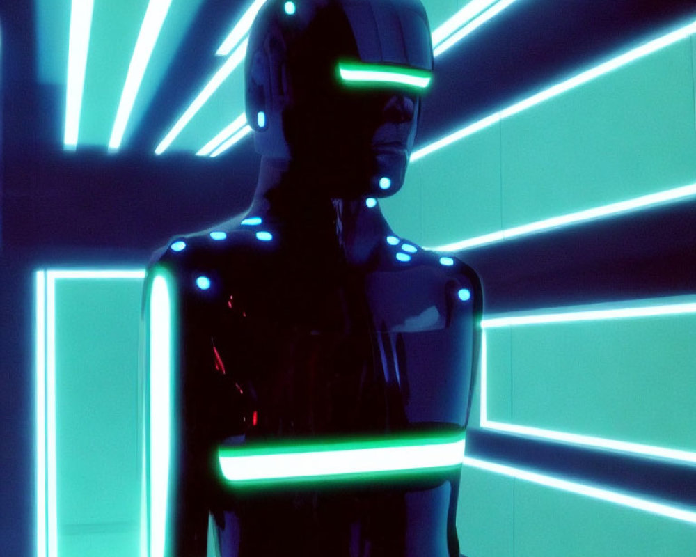 Futuristic humanoid robot with illuminated lines standing against neon blue backdrop