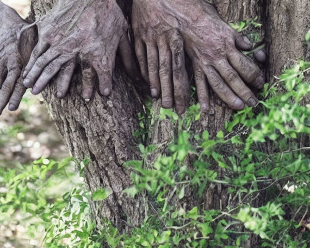 Multiple human hands holding onto a tree trunk symbolizing unity with nature or environmental collaboration.