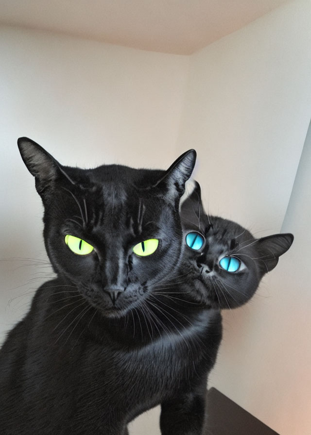 Two black cats with striking green and blue eyes.