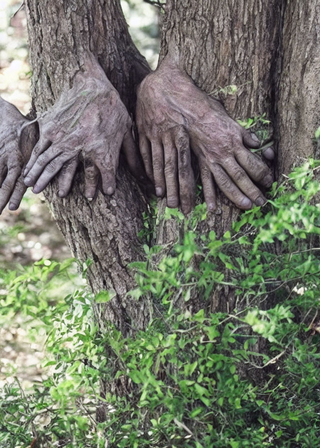 Multiple human hands holding onto a tree trunk symbolizing unity with nature or environmental collaboration.