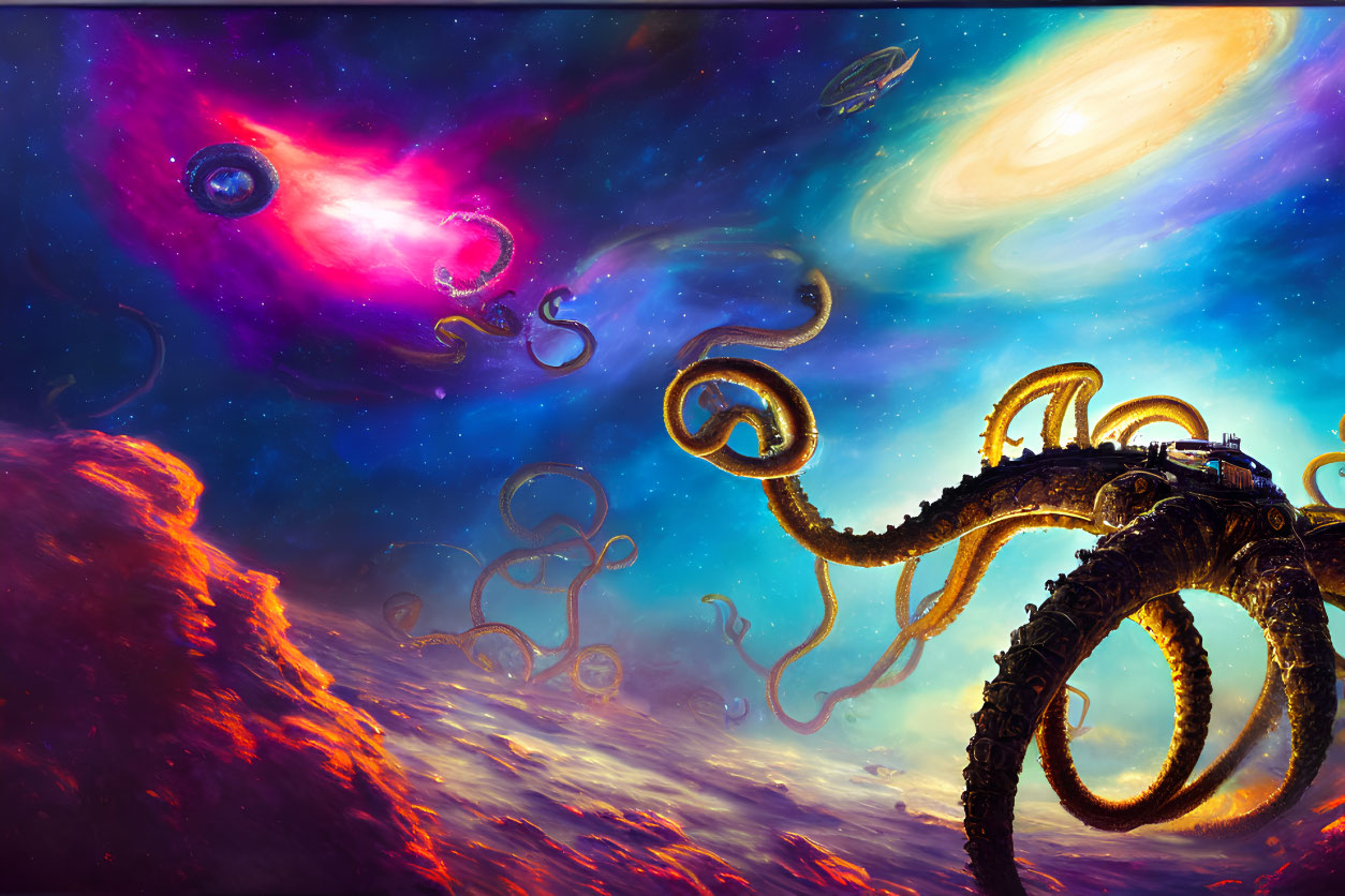 Colorful Sci-Fi Scene: Colossal Tentacled Creature on Rocky Terrain under Cosmic Sky