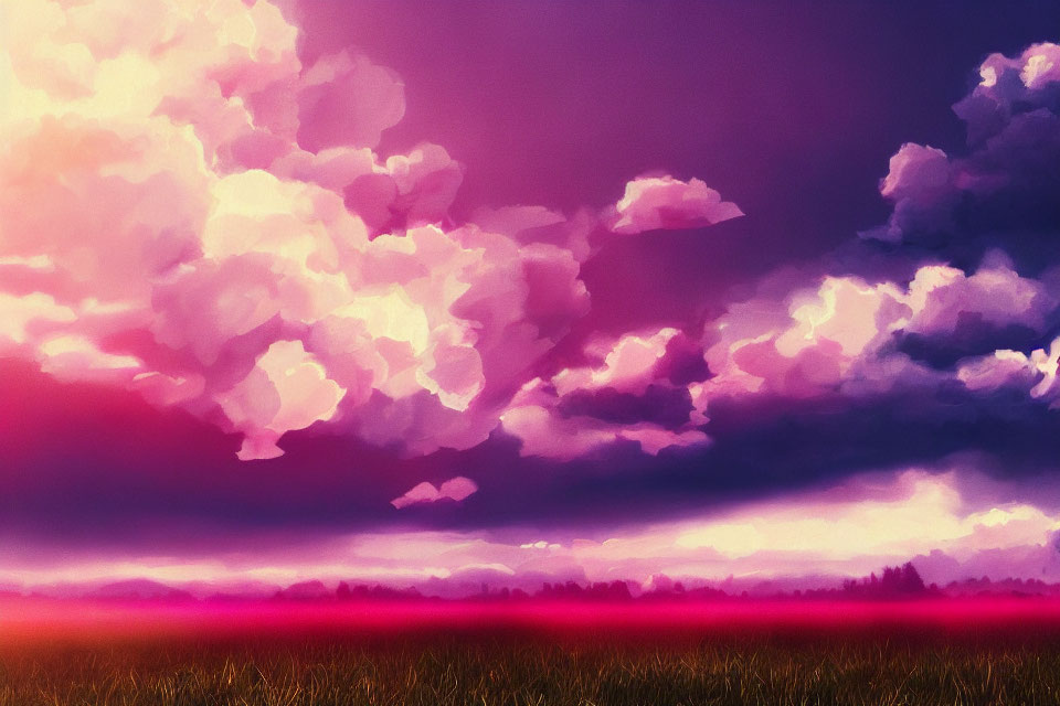 Colorful landscape with purple and pink sky and voluminous clouds over a rosy-lit field