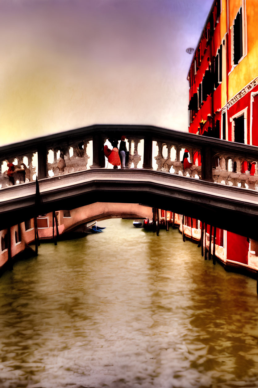 Person in Red Top on Venice Canal Bridge with Historic Buildings