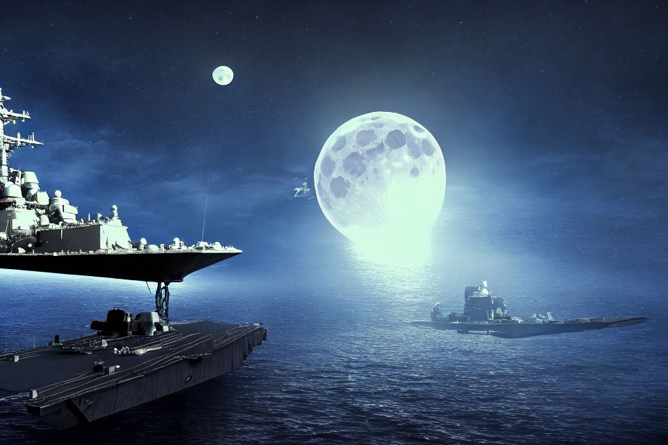 Naval ships under oversized moon, smaller moon in starlit sky