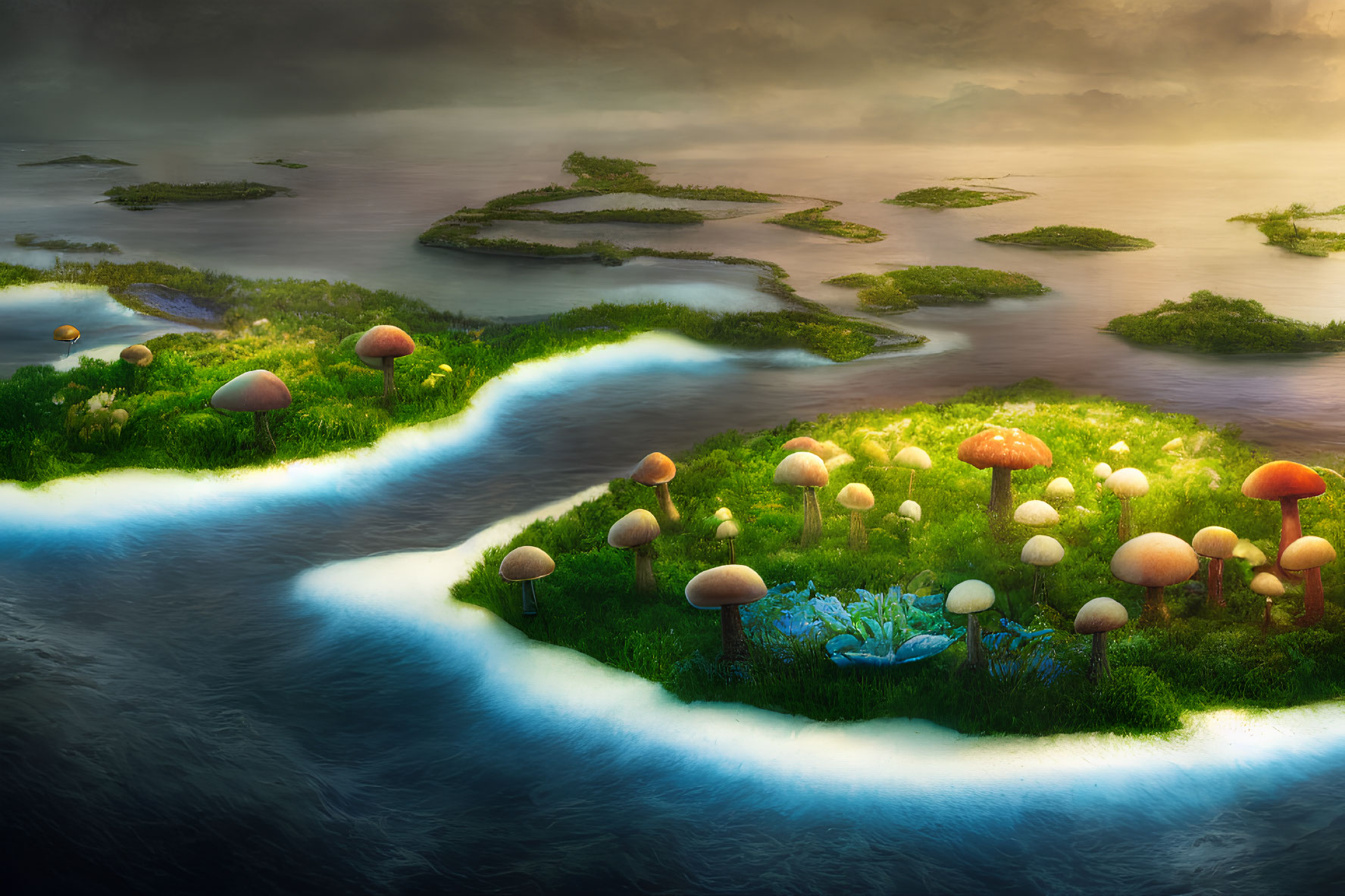 Fantasy landscape with lush green islands, winding river, oversized mushrooms at sunrise