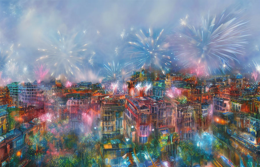 Colorful fireworks light up vibrant cityscape at night