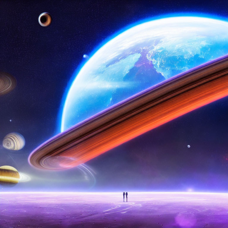 Silhouetted figures on surreal purple landscape with giant ringed planet