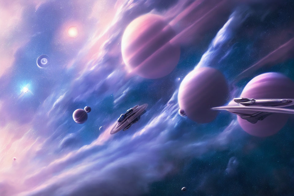 Colorful spaceship flying through purple cosmos with planets and nebulas