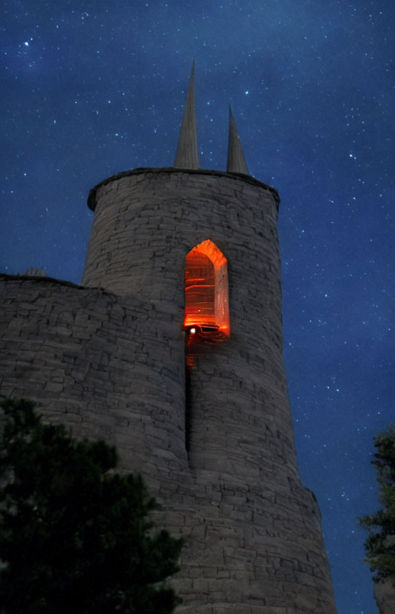 Stone tower under starry sky with glowing orange window against dark medieval architecture