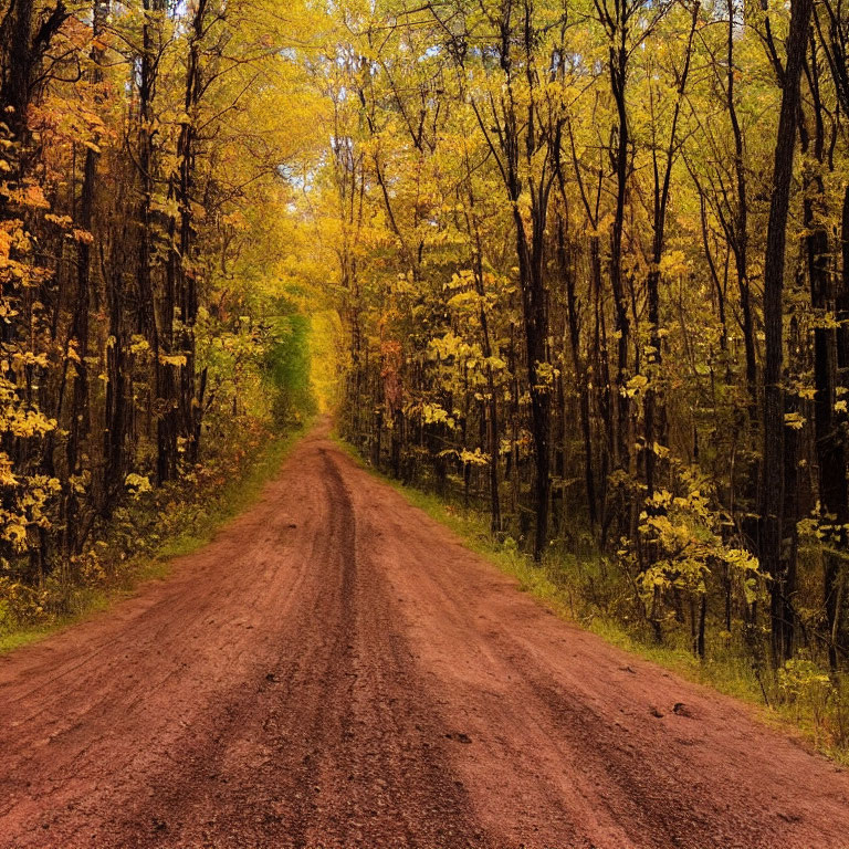 Autumn forest scene with meandering dirt road and vibrant foliage