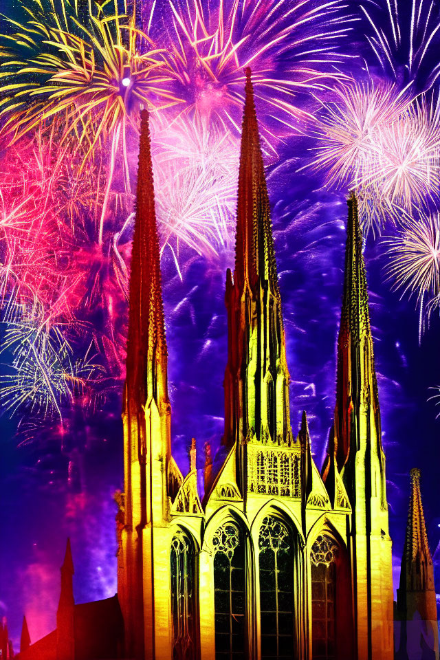 Vibrant fireworks light up Gothic cathedral at night