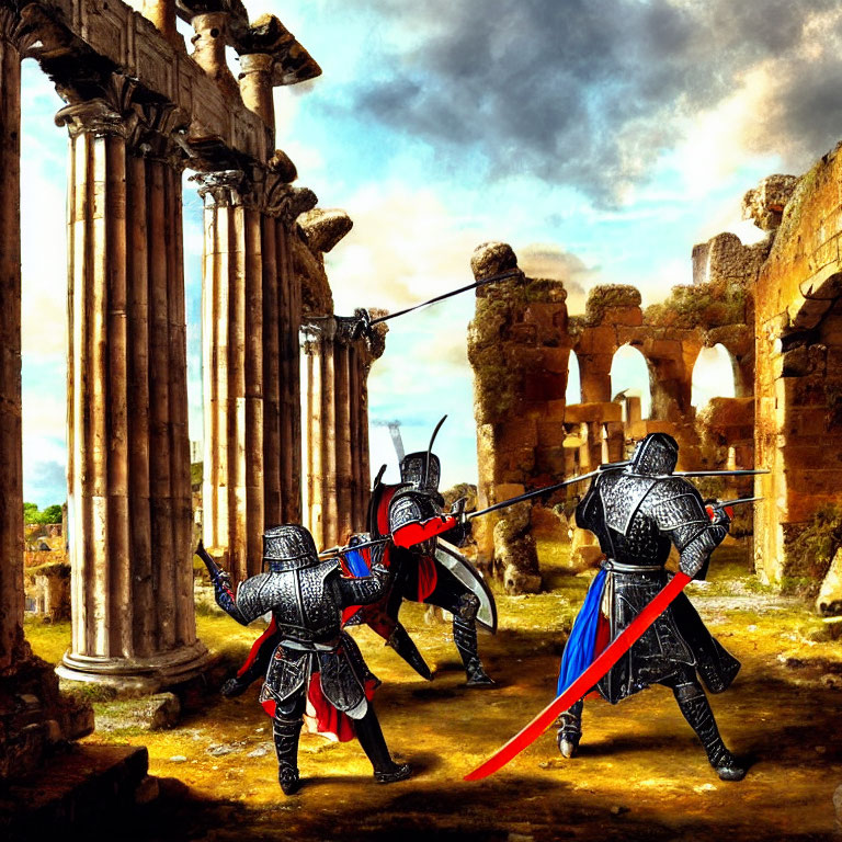 Medieval knights jousting in ancient ruins under dramatic sky